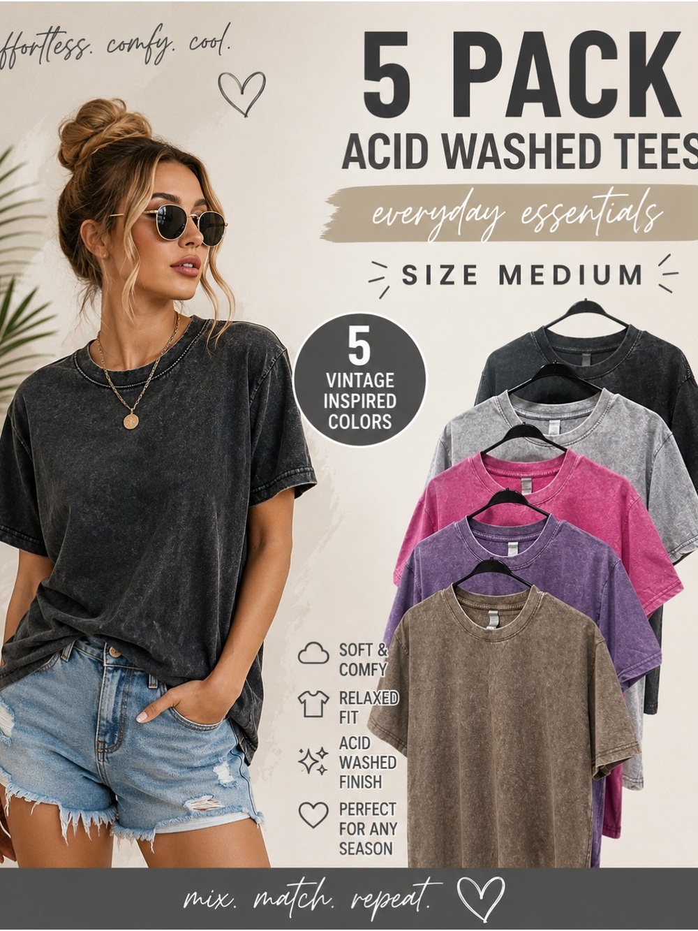 5-Pack Women's Acid Washed Tee - Medium - Black, Gray, Pink, Purple, Brown